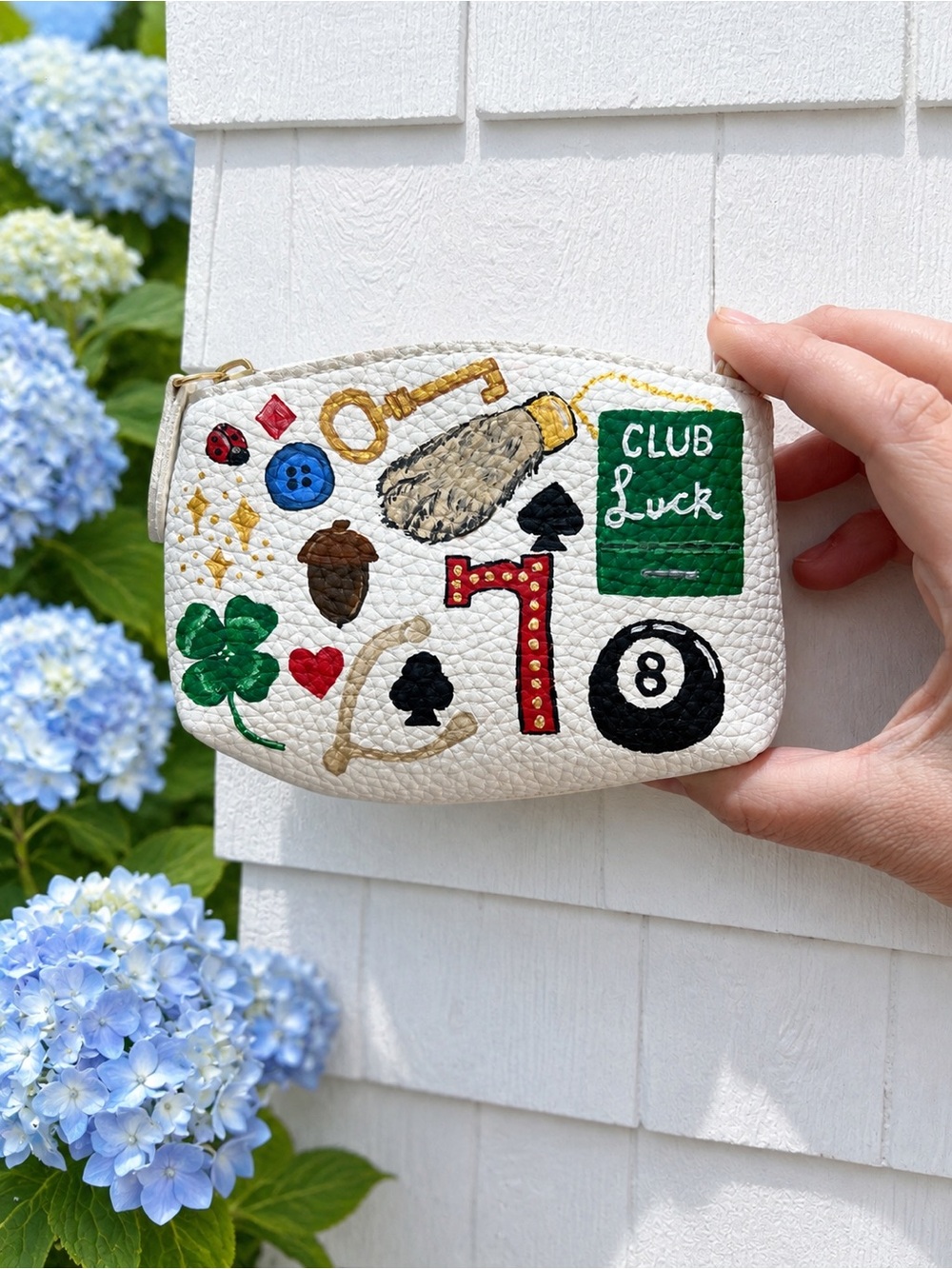 White Leather Hand Painted Luck Motif Zip Pouch
